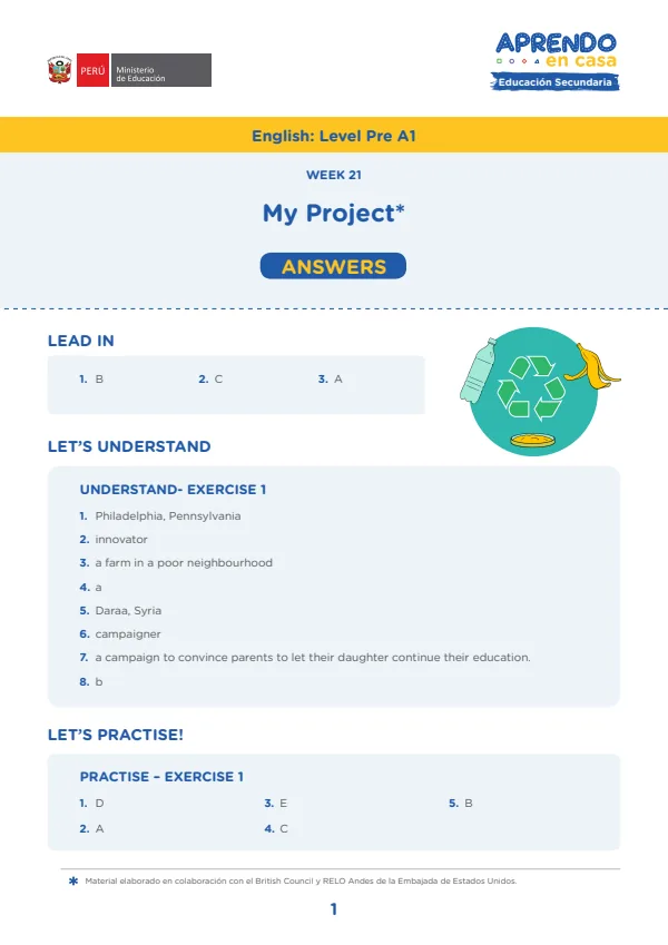 Learning experience W21: My proyect, English: Level Pre A1, Activity, Look around (MINEDU) PDF 1 Portada de Learning experience W21: My proyect, English: Level Pre A1, Activity, Look around - Secundaria - MINEDU
