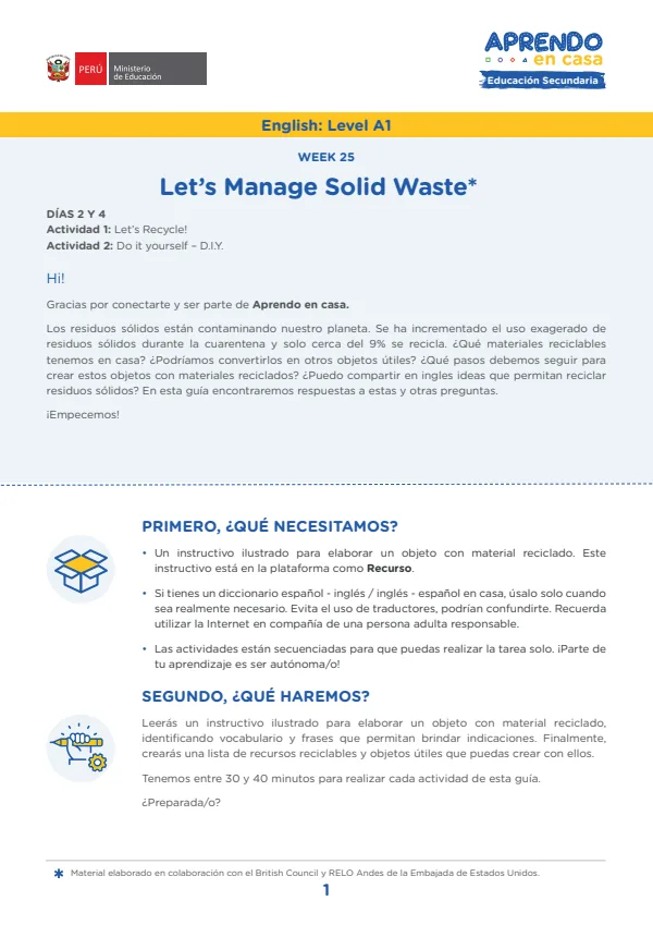 Learning experience W25: Let's Manage Solid Waste, English: Level A1 - 3.° grado de Secundaria (MINEDU) PDF 1 Portada de Learning experience W25: Let's Manage Solid Waste, English: Level A1 - 3.° grado - MINEDU