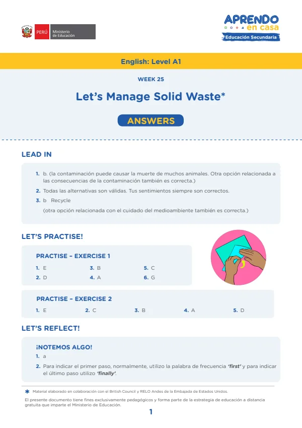 Learning experience W25: Let s Manage Solid Waste, English: Level A1, Activity: Let s recycle (MINEDU) PDF 1 Portada de Learning experience W25: Let s Manage Solid Waste, English: Level A1, Activity: Let s - 3.º grado de Secundaria - MINEDU