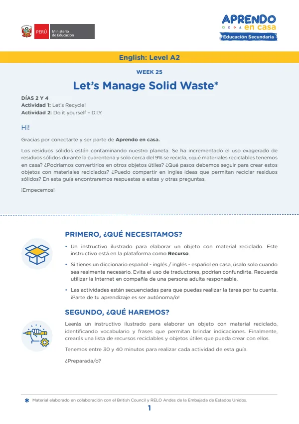 Learning experience W25: Let's Manage Solid Waste, English: Level A2 - 4.° grado de Secundaria (MINEDU) PDF 1 Portada de Learning experience W25: Let's Manage Solid Waste, English: Level A2 - 4.° grado - MINEDU