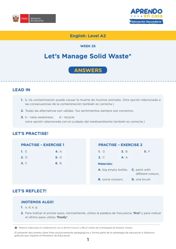 Learning experience W25: Let's Manage Solid Waste, English: Level A2, Activity: Let s recycle (MINEDU) PDF 1 Portada de Learning experience W25: Let's Manage Solid Waste, English: Level A2, Activity: Let s - 4.º grado de Secundaria - MINEDU