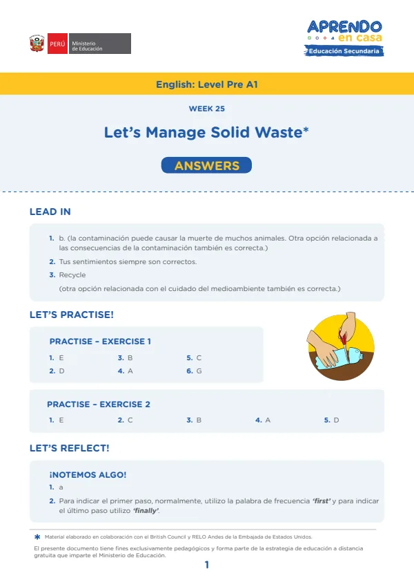 Learning experience W25: Let s Manage Solid Waste, English: Level Pre A1, Activity: Let s recycle (MINEDU) PDF 1 Portada de Learning experience W25: Let s Manage Solid Waste, English: Level Pre A1, Activity: Let - Secundaria - MINEDU