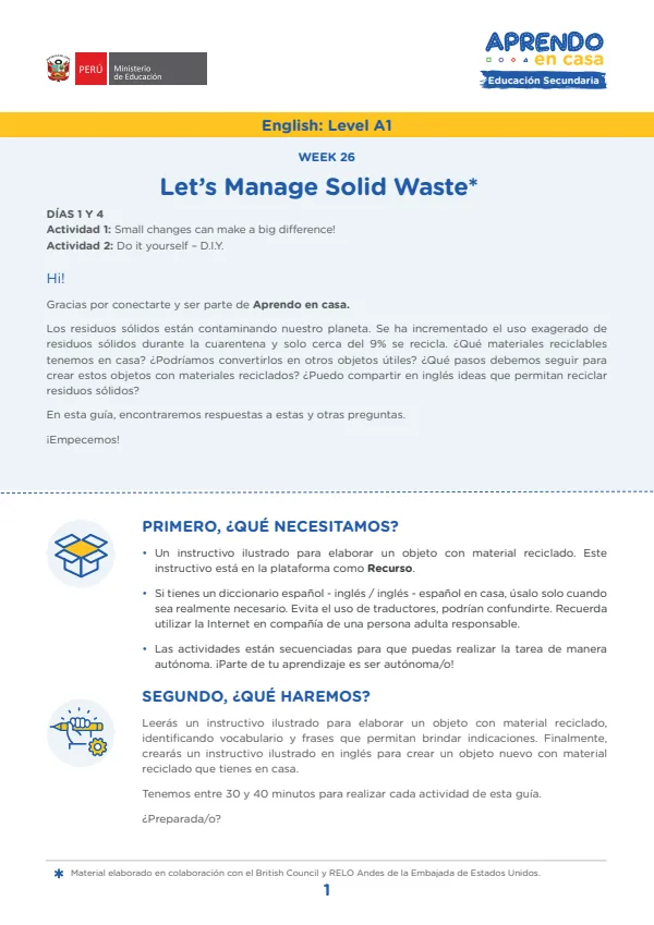 Learning experience W26: Let s Manage Solid Waste, English: Level A1 - 3.° grado de Secundaria (MINEDU) PDF 1 Portada de Learning experience W26: Let s Manage Solid Waste, English: Level A1 - 3.° grado - MINEDU