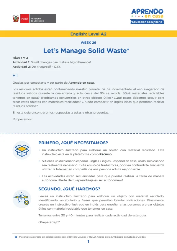 Learning experience W26: Let's Manage Solid Waste, English: Level A2 - 4.° grado de Secundaria (MINEDU) PDF 1 Portada de Learning experience W26: Let's Manage Solid Waste, English: Level A2 - 4.° grado - MINEDU