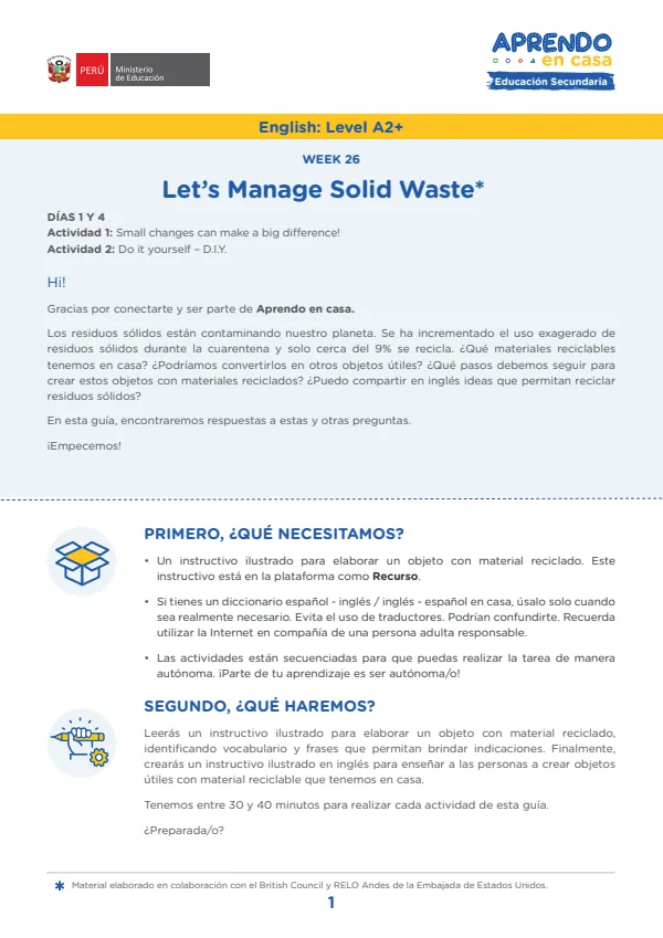 Learning experience W26: Let s Manage Solid Waste, English: Level A2+ - 5.° grado de Secundaria (MINEDU) PDF 1 Portada de Learning experience W26: Let s Manage Solid Waste, English: Level A2+ - 5.° grado - MINEDU