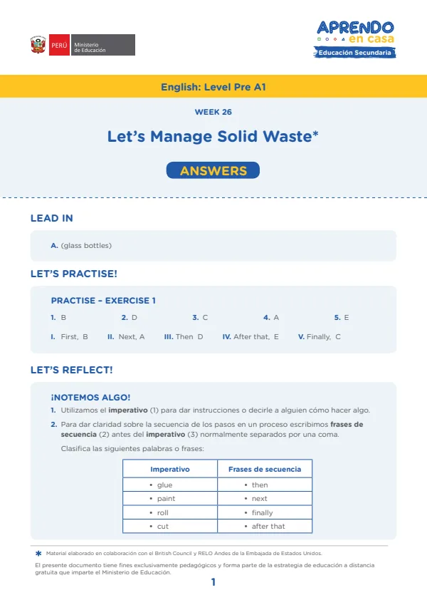 Learning experience W26: Let's Manage Solid Waste, English: Level Pre A1, Activity: Samll changes can make a big difference! (MINEDU) PDF 1 Portada de Learning experience W26: Let's Manage Solid Waste, English: Level Pre A1, Activity - Secundaria - MINEDU