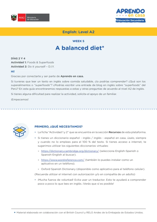 Learning experience W5: A balanced diet. English: Level A2 - 4.° grado de Secundaria (MINEDU) PDF 1 Portada de Learning experience W5: A balanced diet. English: Level A2 - 4.° grado de Secundaria - MINEDU