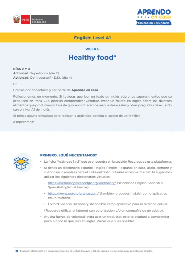 Learning experience W6: Healthy food. English: Level A1 - 3.° grado de Secundaria (MINEDU) PDF 1 Portada de Learning experience W6: Healthy food. English: Level A1 - 3.° grado de Secundaria - MINEDU