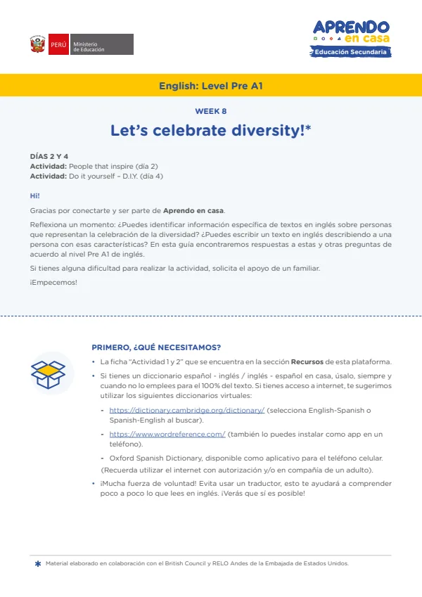 Learning experience W7: Let's Celebrate diversity!, English: Level Pre A1 - Secundaria (MINEDU) PDF 1 Portada de Learning experience W7: Let's Celebrate diversity!, English: Level Pre A1 - Secundaria - MINEDU