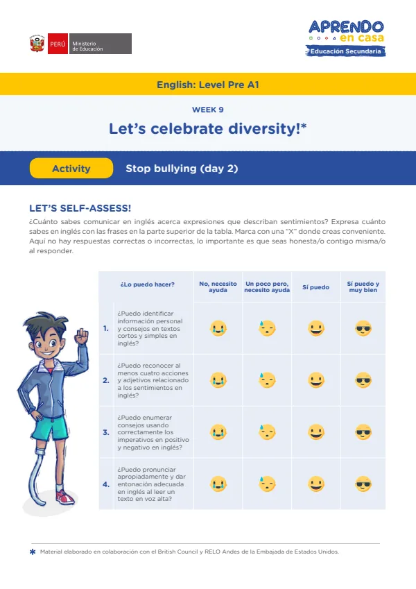 Learning experience W8: Let's Celebrate diversity!, English: Level Pre A1, Activity: Stop bullying (MINEDU) PDF 1 Portada de Learning experience W8: Let's Celebrate diversity!, English: Level Pre A1, Activity - Secundaria - MINEDU