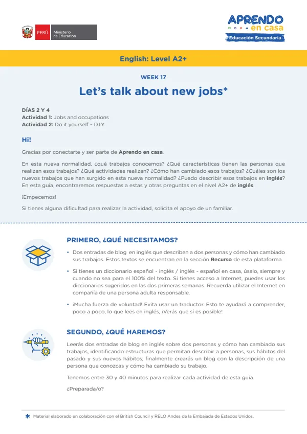 Learning W17: Let's talk about jobs and occupations, English: Level A2+ - 5.° grado de Secundaria (MINEDU) PDF 1 Portada de Learning W17: Let's talk about jobs and occupations, English: Level A2+ - 5.° grado - MINEDU