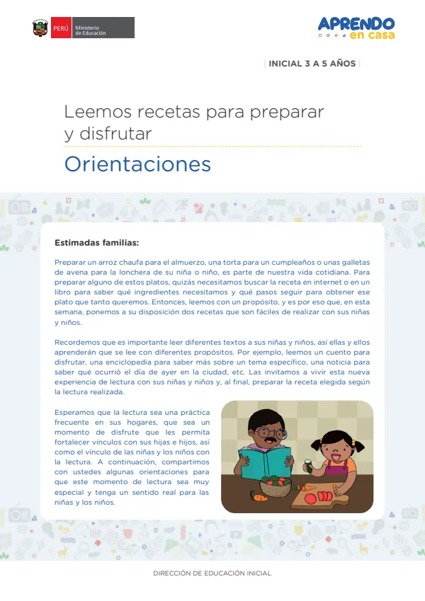 Leemos Juntos: Orientaciones Leemos recetas para preparar y disfrutar. Inicial 3 a 5 años (MINEDU) PDF 1 Portada de Leemos Juntos: Orientaciones Leemos recetas para preparar y disfrutar. Inicial 3 a 5 - Aprendo en Casa - MINEDU