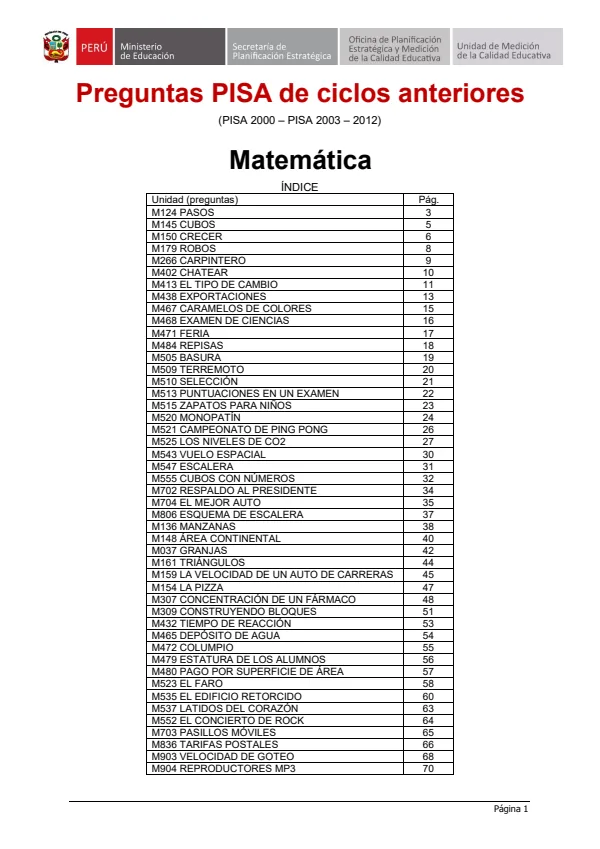 Matemática preguntas liberadas PISA 2000-2003-2012 (Preguntas liberadas de las evaluaciones PISA) (MINEDU) PDF 1 Portada de Matemática preguntas liberadas PISA 2000-2003-2012 (Preguntas liberadas - Evaluaciones UMC (ECE y ENLA) - MINEDU