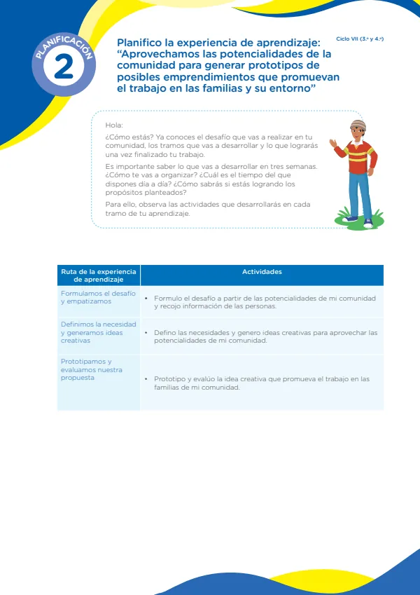 Planifico la experiencia de aprendizaje: Aprovechamos las potencialidades de la comunidad para generar prototipos de posibles emprendimientos que promuevan el trabajo en las familias y su entorno (MINEDU) PDF 1 Portada de Planifico la experiencia de aprendizaje: Aprovechamos las potencialidades - Secundaria - MINEDU