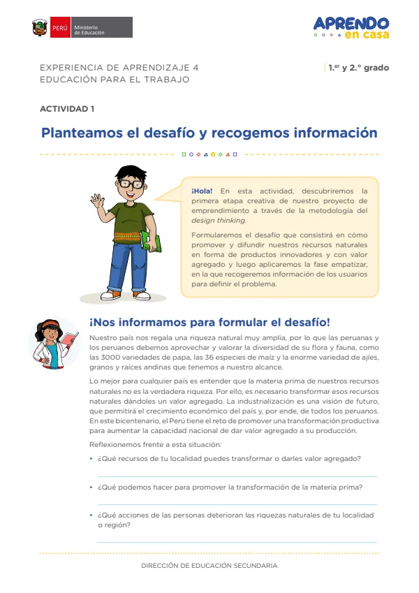 Planteamos el desafío y recogemos información: experiencia de aprendizaje 4, Educación para el trabajo (MINEDU) PDF 1 Portada de Planteamos el desafío y recogemos información: experiencia de aprendizaje 4, Educación - 2.º grado de Secundaria - MINEDU