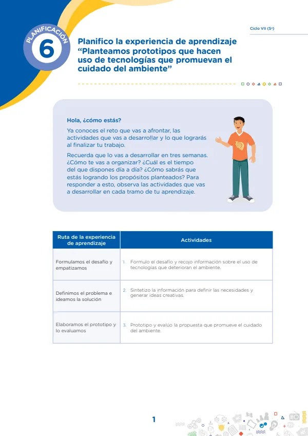 Planteamos prototipos que hacen uso de tecnologías que promuevan el cuidado del ambiente, Planificación 6 (MINEDU) PDF 1 Portada de Planteamos prototipos que hacen uso de tecnologías que promuevan el cuidado - 5.º grado de Secundaria - MINEDU