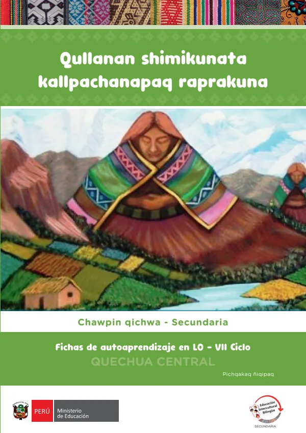 Qullanan shimikunata kallpachanapaq raprakuna - Fichas de autoaprendizaje en LO de Comunicación del VII Ciclo (5.) de Secundaria (MINEDU) PDF 1 Portada de Qullanan shimikunata kallpachanapaq raprakuna - Fichas de autoaprendizaje en LO - 5.º grado de Secundaria - MINEDU
