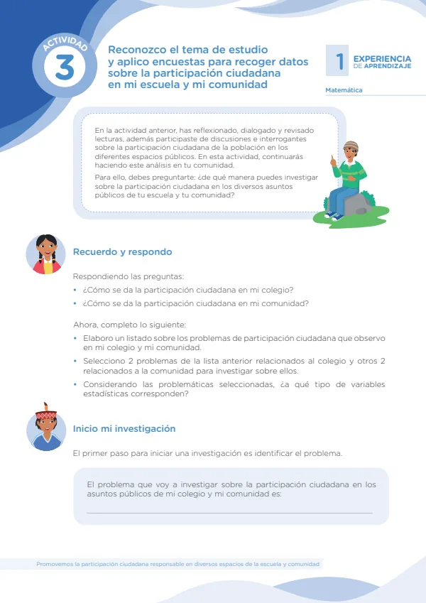 Reconozco el tema de estudio y aplico encuestas para recoger datos sobre la participación ciudadana en mi escuela y mi comunidad (MINEDU) PDF 1 Portada de Reconozco el tema de estudio y aplico encuestas para recoger datos sobre - Secundaria - MINEDU