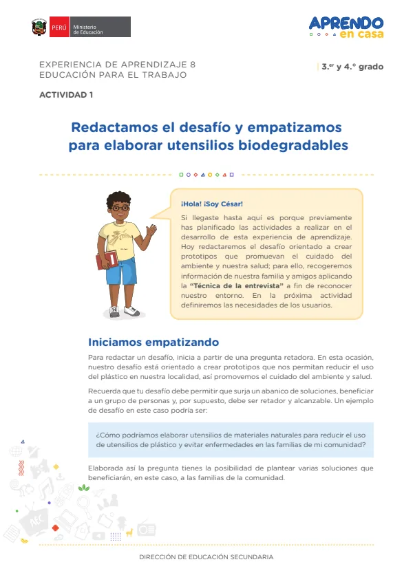 Redactamos el desafío y empatizamos para elaborar utensilios biodegradables: experiencia de aprendizaje 8, Educación para el trabajo (MINEDU) PDF 1 Portada de Redactamos el desafío y empatizamos para elaborar utensilios biodegradables - 4.º grado de Secundaria - MINEDU