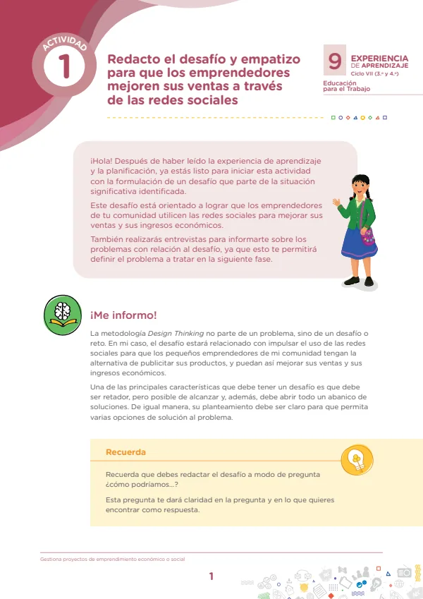 Redacto el desafío y empatizo para que los emprendedores mejoren sus ventas, Actividad (MINEDU) PDF 1 Portada de Redacto el desafío y empatizo para que los emprendedores mejoren sus ventas, Actividad - Secundaria - MINEDU