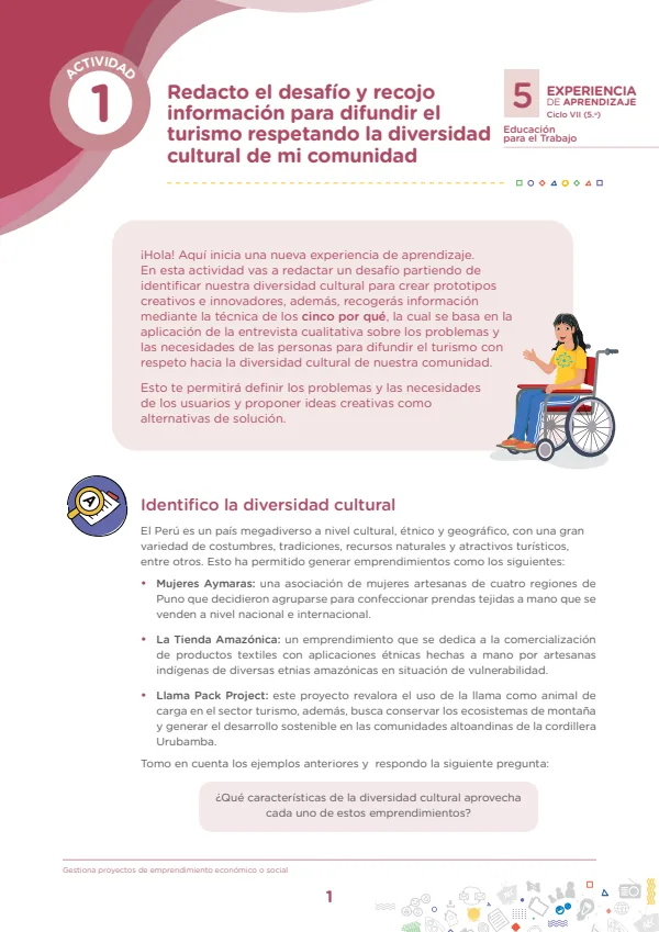 Redacto el desafío y recojo información para difundir el turismo respetando la diversidad cultural de mi comunidad (MINEDU) PDF 1 Portada de Redacto el desafío y recojo información para difundir el turismo respetando - 5.º grado de Secundaria - MINEDU