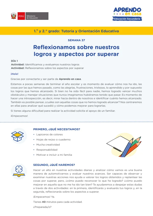 Reflexionamos sobre nuestros logros y aspectos por superar - Secundaria (MINEDU) PDF 1 Portada de Reflexionamos sobre nuestros logros y aspectos por superar - Secundaria - MINEDU