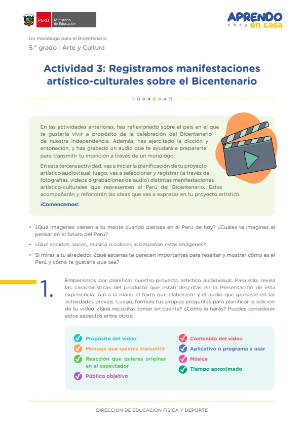 Registramos manifestaciones artístico-culturales sobre el Bicentenario - 5.° grado de Secundaria (MINEDU) PDF 1 Portada de Registramos manifestaciones artístico-culturales sobre el Bicentenario - 5.° grado - MINEDU