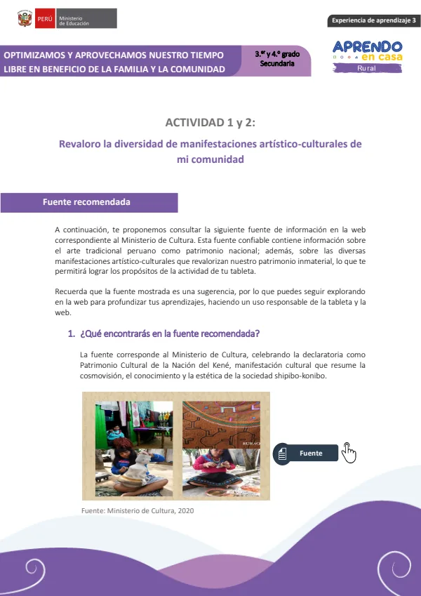 Revaloro la diversidad de manifestaciones artístico-culturales de mi comunidad (MINEDU) PDF 1 Portada de Revaloro la diversidad de manifestaciones artístico-culturales de mi comunidad - 4.º grado de Secundaria - MINEDU