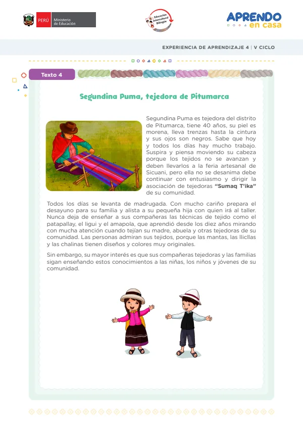 Segundina Puma, tejedora de Pitumarca: V Ciclo, 5 y 6 grado. Actividad 2 (MINEDU) PDF 1 Portada de Segundina Puma, tejedora de Pitumarca: V Ciclo, 5 y 6 grado. Actividad 2 - MINEDU