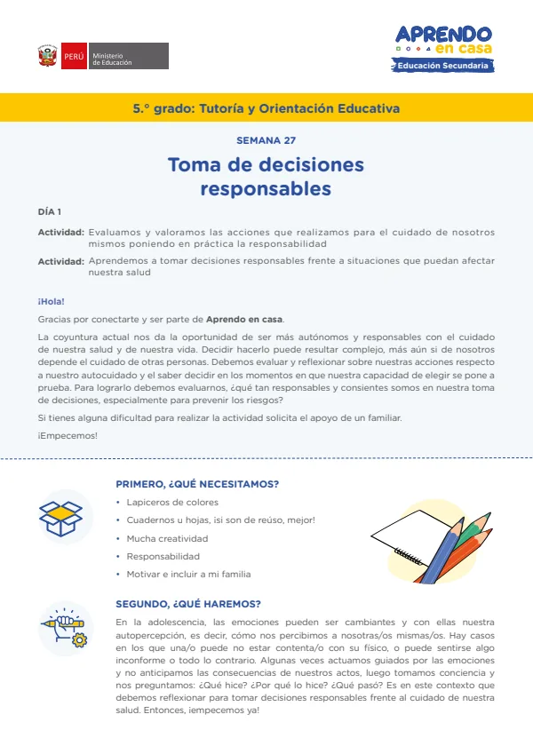 Toma de decisiones responsables - 5.° grado de Secundaria (MINEDU) PDF 1 Portada de Toma de decisiones responsables - 5.° grado de Secundaria - MINEDU