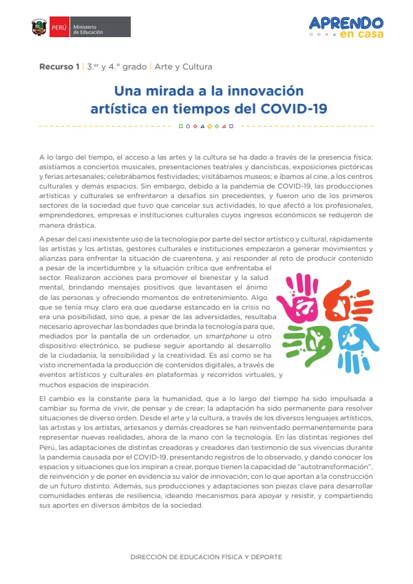 Una mirada a la innovación artística en tiempos del COVID-19 , 3.er y 4. grado (MINEDU) PDF 1 Portada de Una mirada a la innovación artística en tiempos del COVID-19 , 3.er y 4. grado - MINEDU
