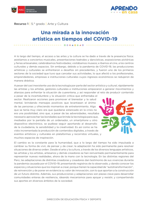 Una mirada a la innovación artística en tiempos del COVID-19 - 5.° grado de Secundaria (MINEDU) PDF 1 Portada de Una mirada a la innovación artística en tiempos del COVID-19 - 5.° grado de Secundaria - MINEDU