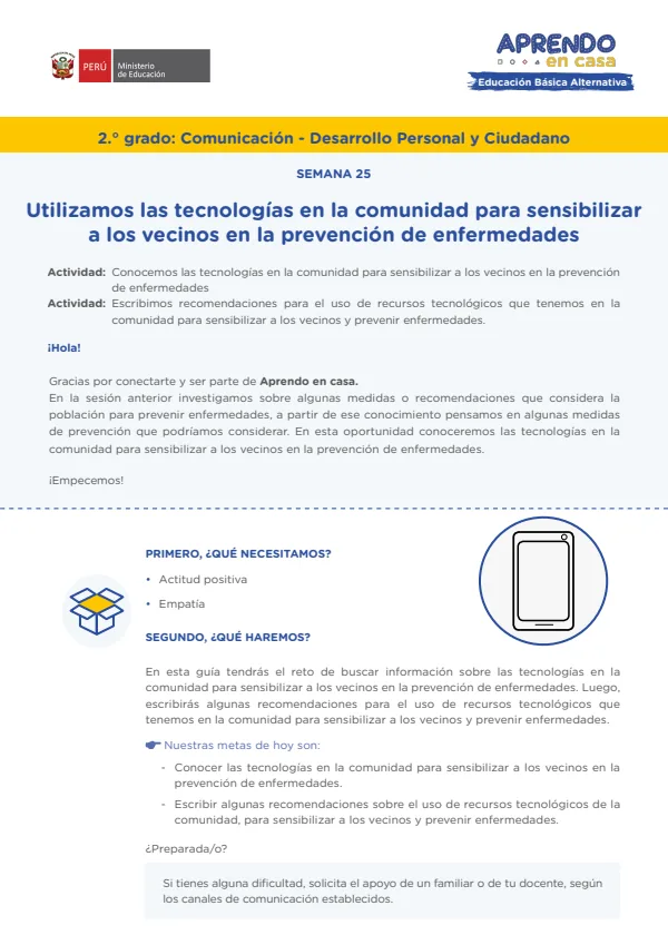 Utilizamos las tecnologías en la comunidad para sensibilizar a los vecinos enla prevención de enfermedades (MINEDU) PDF 1 Portada de Utilizamos las tecnologías en la comunidad para sensibilizar a los vecinos enla - Educación Básica Alternativa (EBA) - MINEDU