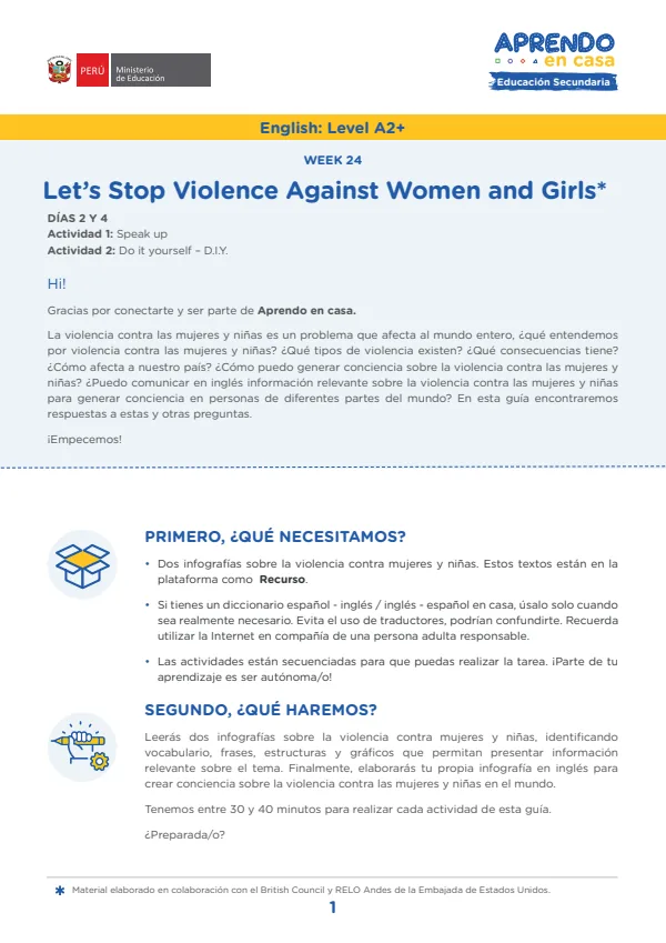 W24: Let's stop violence against women and girls!, English: Level A2+, List of verbs (MINEDU) PDF 1 Portada de W24: Let's stop violence against women and girls!, English: Level A2+, List of verbs - 5.º grado de Secundaria - MINEDU