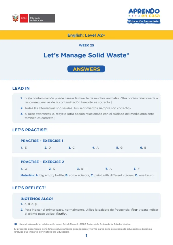 W25: Let's Manage Solid Waste, English: Level A2+, Activity: Let s recycle, Answers (MINEDU) PDF 1 Portada de W25: Let's Manage Solid Waste, English: Level A2+, Activity: Let s recycle, Answers - 5.º grado de Secundaria - MINEDU